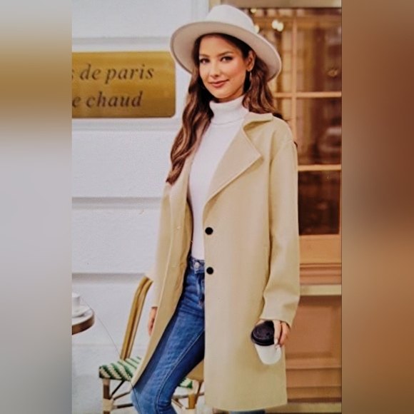 NWT COUTURE High End Designer Cotton Blend Notch Lapel Pea Over Coat  Khaki Med - Picture 2 of 11